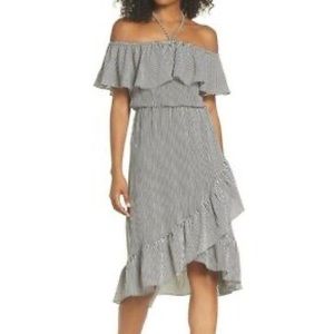 Charles Henry Halter Neck Popover Ruffle Dress Black/Ivory Stripe
